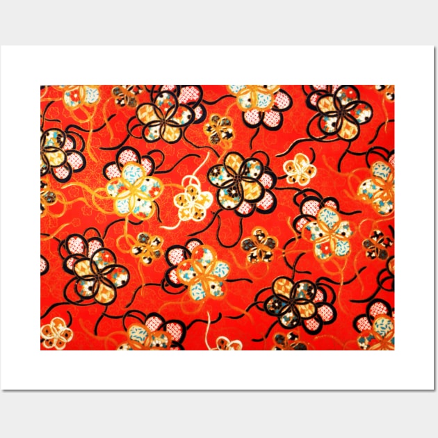 STYLIZED FLOWERS ,BLACK WHITE RIBBONS IN BRIGHT RED Antique Japanese Floral Wall Art by BulganLumini